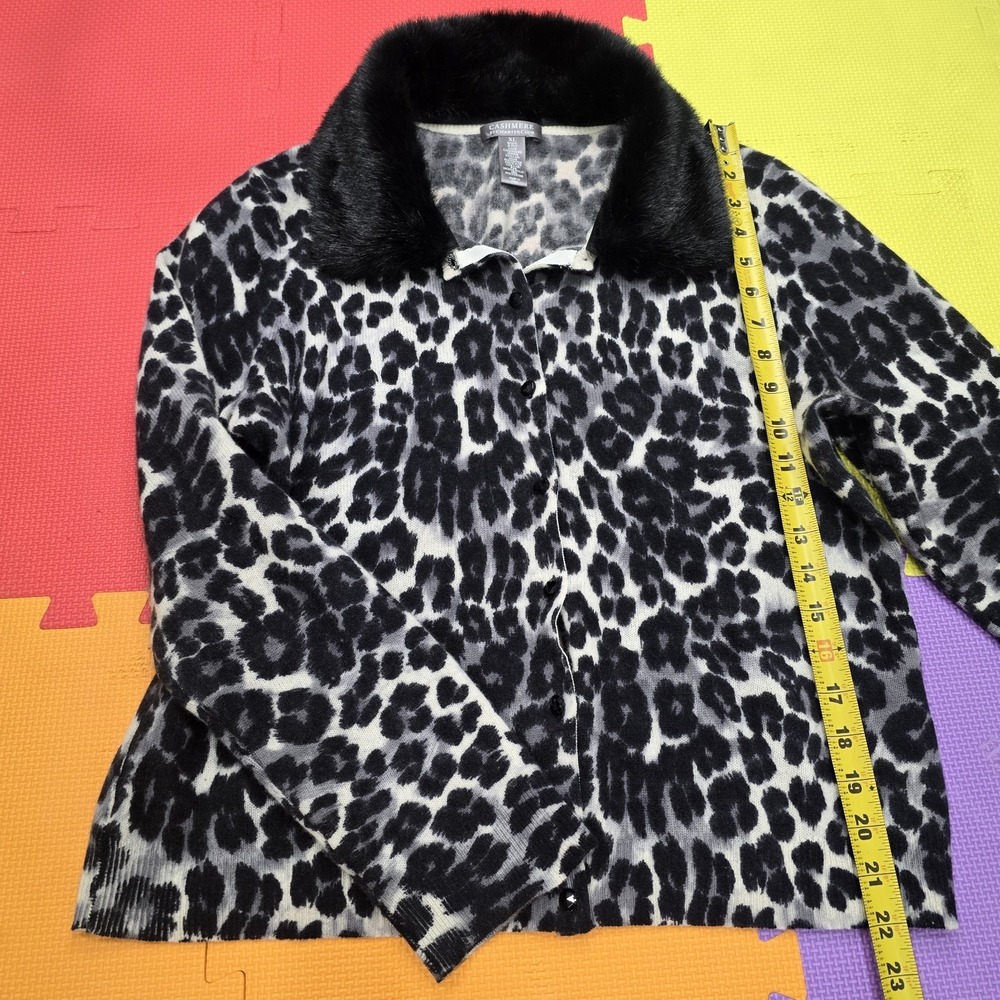 Charter Club Luxury 100% Cashmere Leopard Print Cardigan XL Faux Fur Collar Gray
